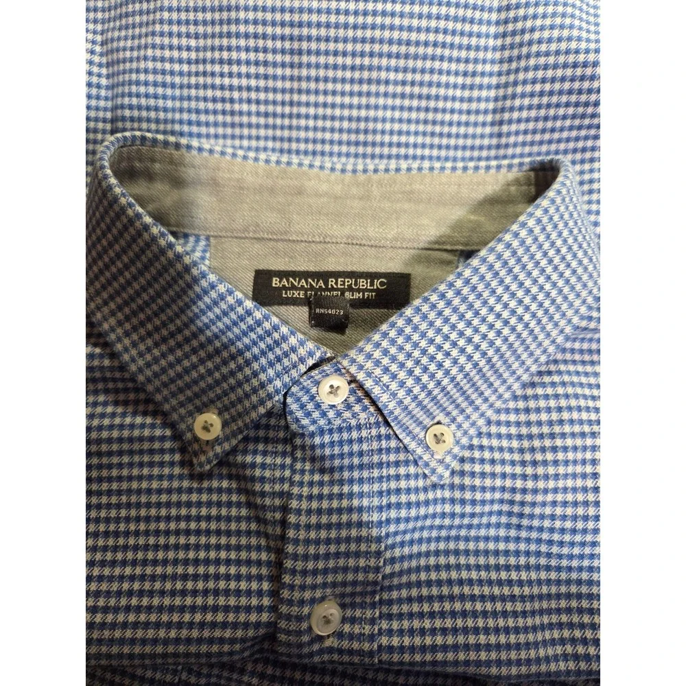 Banana Republic Luxe Flannel Slim‎ Fit Button Down Shirt Men's L Blue Gingham